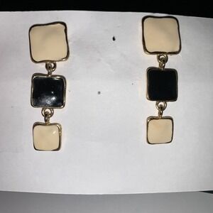 Vintage Style Enamel Square Drop Earrings Gold Tone Black Cream Geometric Dangle